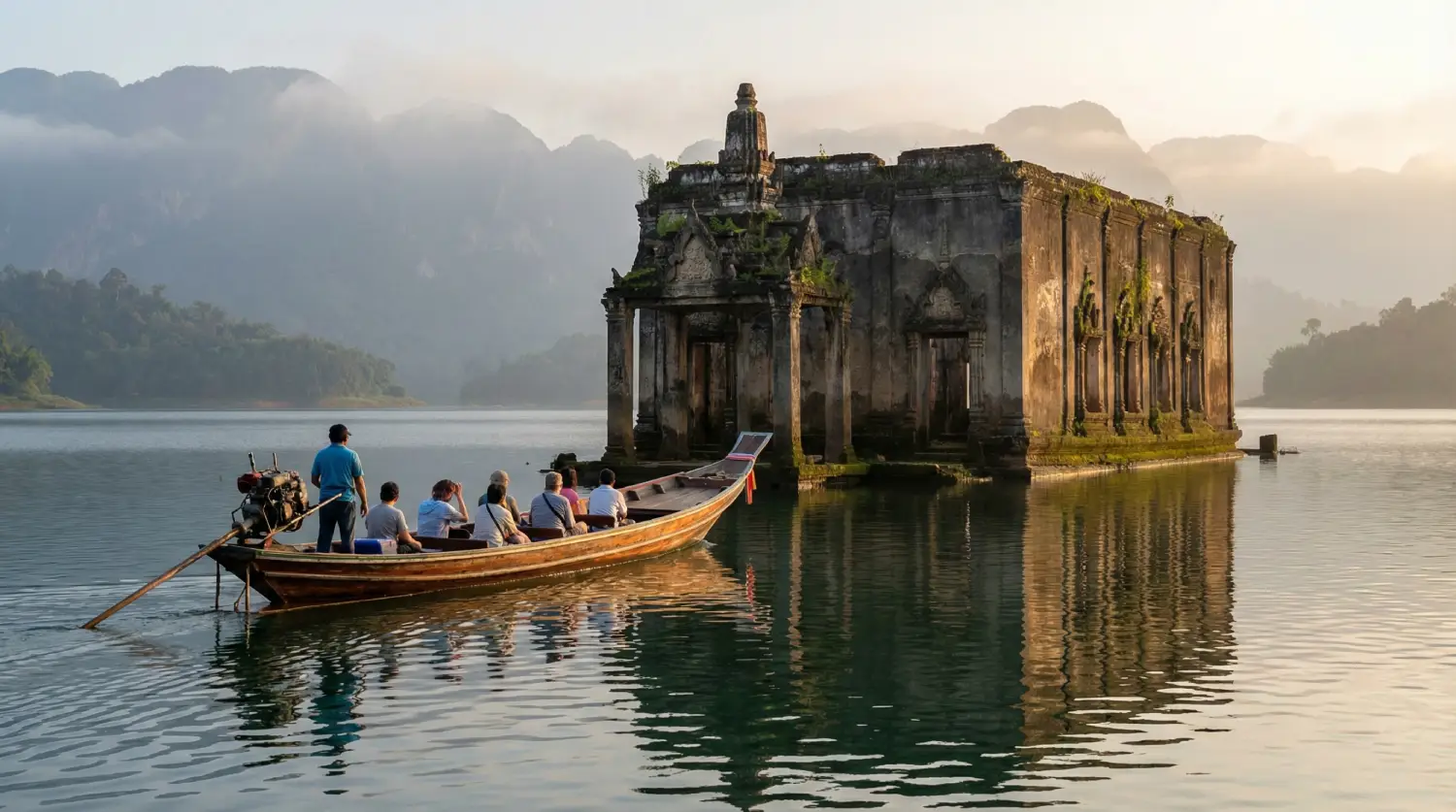 ล่องเรือเมืองบาดาล ที่วัดจมน้ำ สังขระบุรี