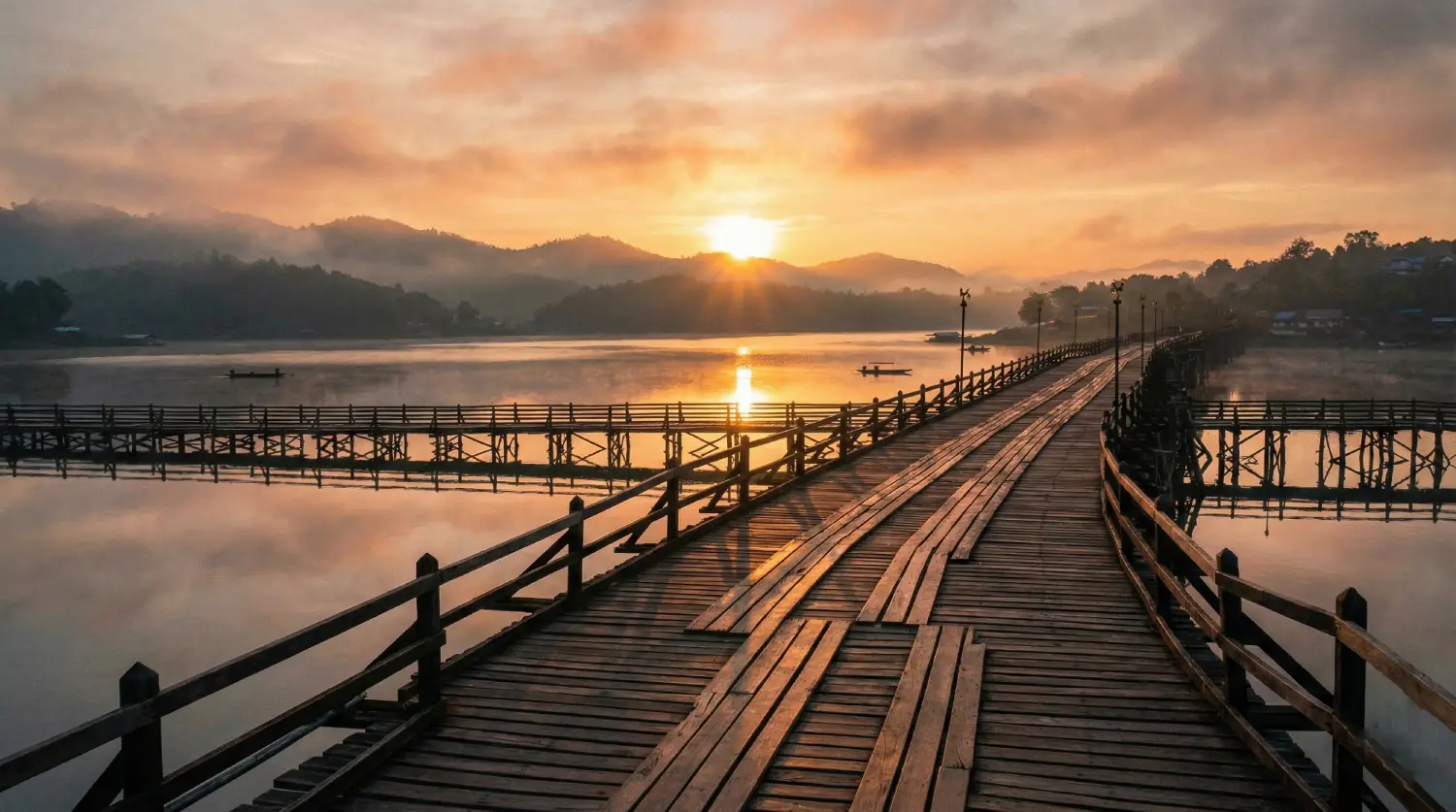 พระอาทิตย์ขึ้นด้านหลังสะพานมอญ